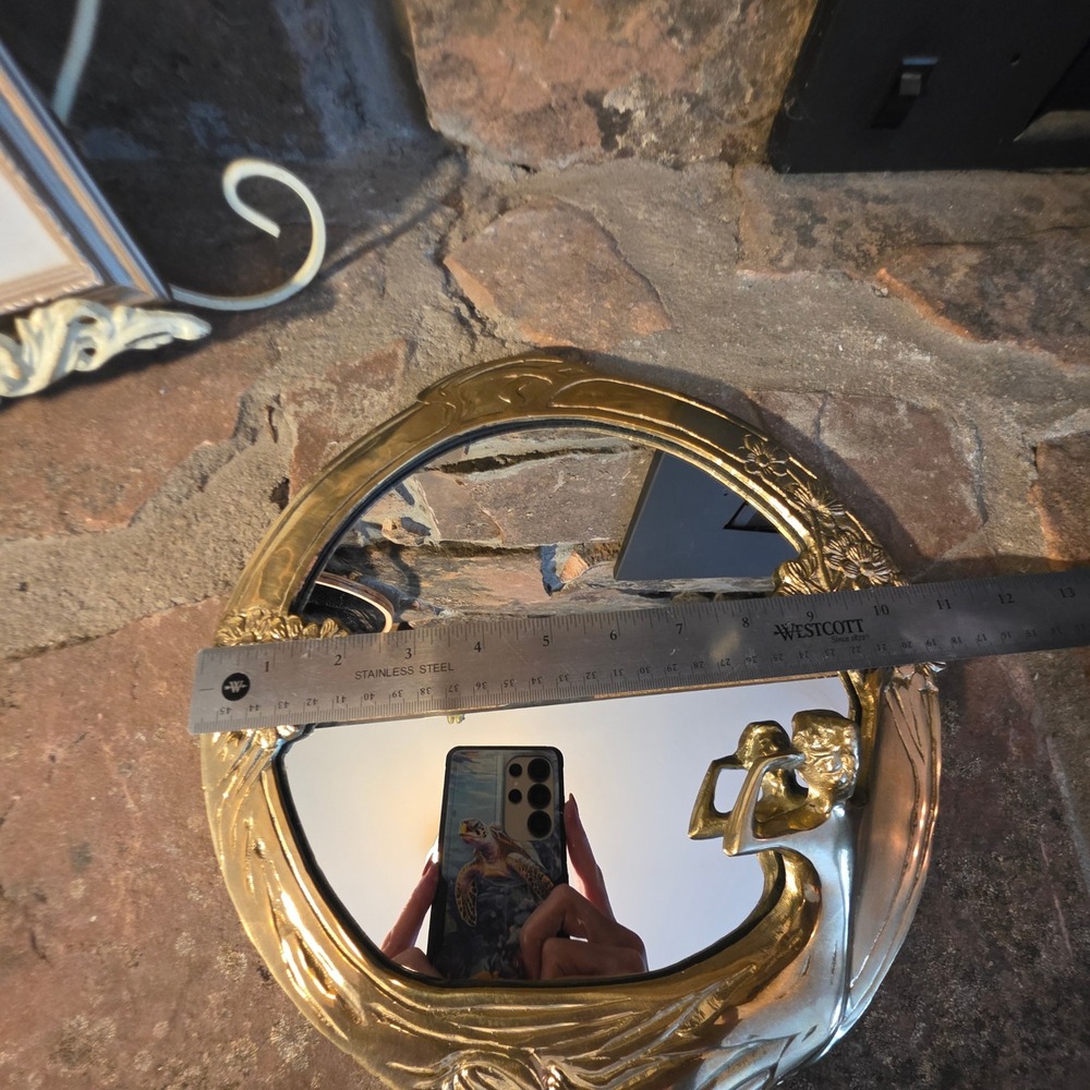 Gatco Vintage Art Nouveau Solid Brass Nymph Flower Round Mirror Vanity Tray 9.5" - Picture 8 of 11